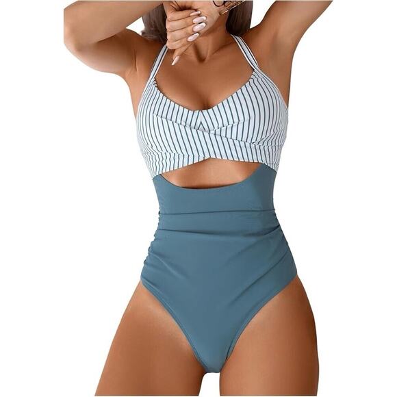 NWT Cupshe One Piece Swimsuit Cutout Front Crisscross Lace Up Back Size M - Picture 5 of 8